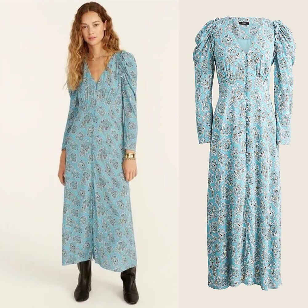 J. Crew Womens Dress Size 2 Blue Paisley Drapey Puff Sleeve Button Front Midi